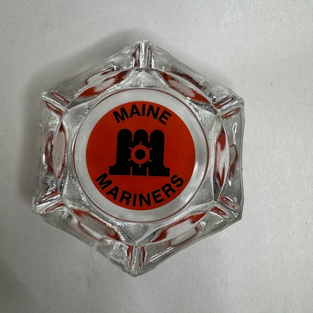 Vintage Maine Mariners AHL Hockey Clear Glass Hexagon Ashtray Orange‎ Logo